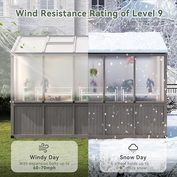 Aoxun 6x10 FT Wood Green House for Outdoors, Polycarbonate Panel Wooden Walk-in Greenhouse Kit with Automatic Temperature Control Roof Vent and Lockable Door, for Outside Backyard Garden, Gray