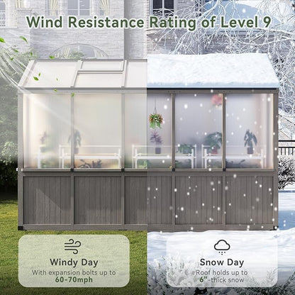 Aoxun 6x10 FT Wood Green House for Outdoors, Polycarbonate Panel Wooden Walk-in Greenhouse Kit with Automatic Temperature Control Roof Vent and Lockable Door, for Outside Backyard Garden, Gray