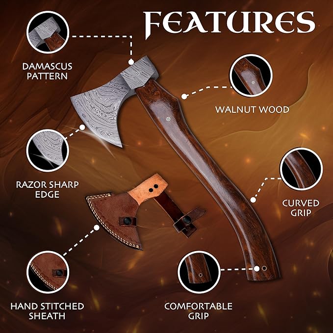 Handmade Damascus Axe with Sheath – Viking Style Hatchet with Curved Wooden Handle for Camping, Chopping & Display