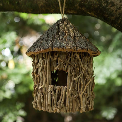 Twig-Covered Cylinder Birdhouse, 2.4" Entry for Medium Birds, Natural Branch Exterior & Waterproof Interior, Woodland Garden Backyard Decor