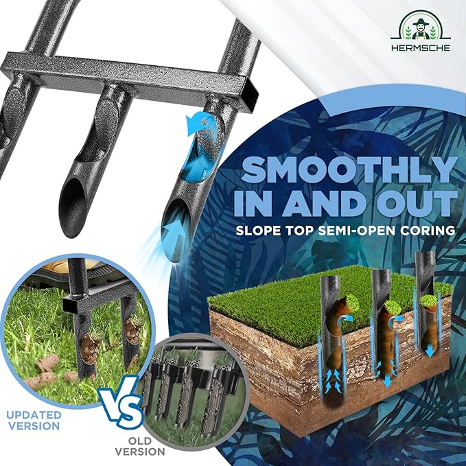 Lawn Aerator Coring Tool, Manual Plug Core Aerators with 3 Half-Open Hollow Slot Tines, Heavy Duty Grass Aeration Tool for Soils Yard Garden