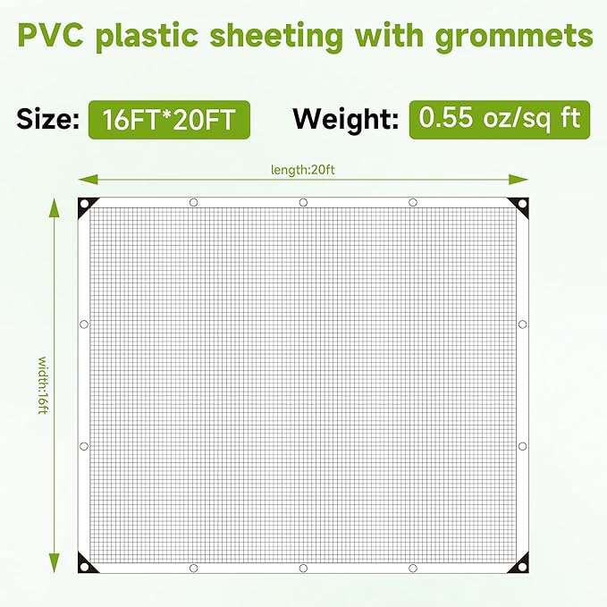 16Ftx20Ft Greenhouse Cover,Clear Plastic Tarps,16Mil Heavy Duty Waterproof tarp with UV Resistance and Grommets,Greenhouse Plastic for Gardening,Farming,Nursery,Garden