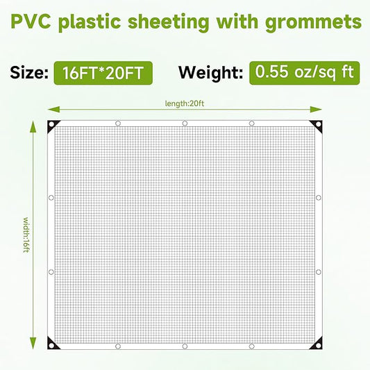 16Ftx20Ft Greenhouse Cover,Clear Plastic Tarps,16Mil Heavy Duty Waterproof tarp with UV Resistance and Grommets,Greenhouse Plastic for Gardening,Farming,Nursery,Garden