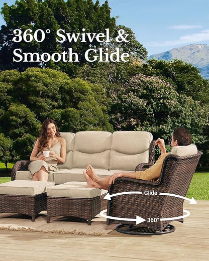 HILLGA Luxury Patio Furniture Set with 6-inch Thick Cushion, Outdoor Couch and High Back Swivel Rocker Patio Chairs, 7PCS Wicker Conversation Set for Deck Yard and Poolside, Beige (V2)
