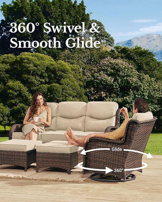 HILLGA Luxury Patio Furniture Set with 6-inch Thick Cushion, Outdoor Couch and High Back Swivel Rocker Patio Chairs, 7PCS Wicker Conversation Set for Deck Yard and Poolside, Beige (V2)