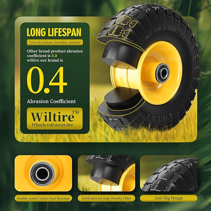 (2 Pack) 4.10/3.50-4 Flat Free Tire and Wheel 10-Inch Solid Wheel Replacement with 5/8 Bearings,2.2" Offset Hub -Compatible with Hand Truck,Wheelbarrow(Yellow)