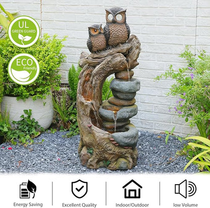 34.3''H Outdoor Water Fountain Owl Tree Stump, 4 - Tier Cascading Waterfall Garden Fountains with LED Lights & Pump Water Feature Resin for Patio, Deck, Yard, Home Decor