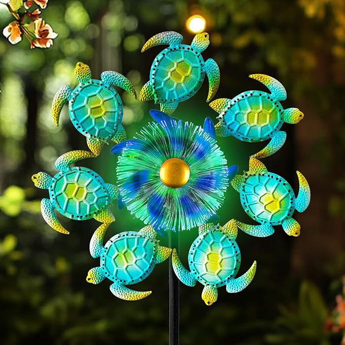 Sea Turtle Outdoor Solar Wind Spinners for Yard - 51" Metal Wind Sculptures Garden Stake with Color Changing LED Lights 360° Windmill Kinetic Spinner for Lawn Patio Decor