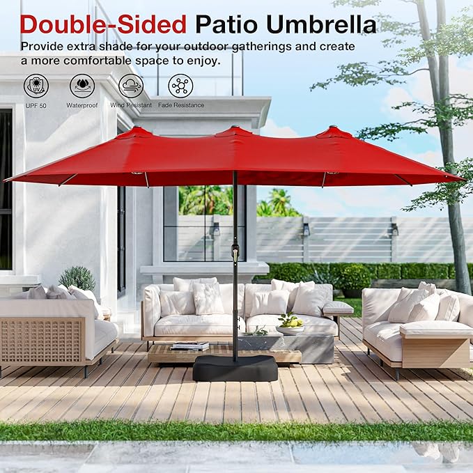 Joyside 15FT Large Patio Umbrella with Base Included, Outdoor Double Sided Umbrella, Rectangle Umbrella with Crank Handle, 12 Sturdy Ribs for Deck, Porch and Pool
