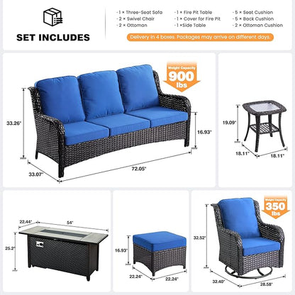 ovios 7 Pieces Patio Furniture Set, Outdoor Wicker Sofa Couch with Swivel Chairs 54" Fire Pit Table, High Back All Weather Modern Conversation Sets, Brown Rattan, Navy Blue