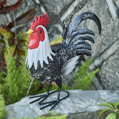 Metal Rooster Statue Yard Decor - 15" Solar Light Metal Yard Art Standing Chicken Statue Garden Decoration, Large Animal Sculpture Chicken Themed Gift for Outdoor Porch Patio Backyard Lawn Ornament
