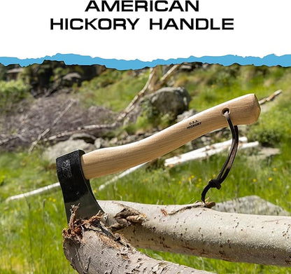 Prandi Axes Yankee C45 Forged Carbon Steel Hatchet - Hickory Handle with Leather String - Ideal for Camping, Travel and Bushcraft - S/N 3.043.06.TH - 15" L x 5.3" 1W, 600g Polished Head, No Sheath