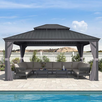 PURPLE LEAF 14' X 16' Outdoor Hardtop Gazebo Aluminum Gazebo with Galvanized Steel Double Roof for Patio Lawn and Garden, Curtains and Netting Included Grey