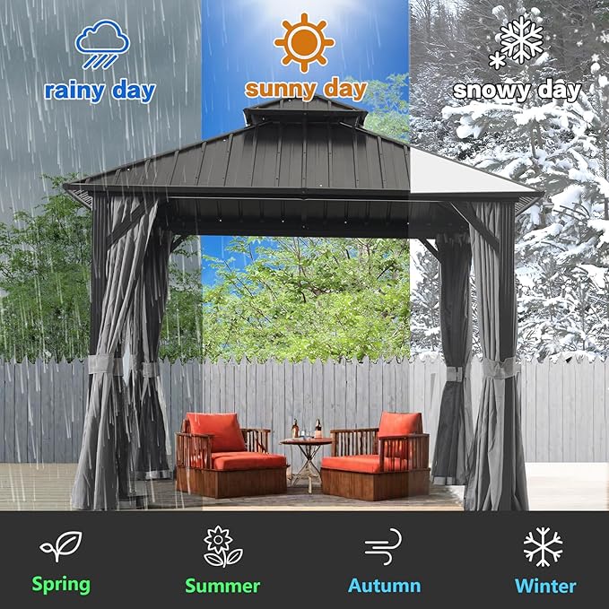 Endark 12x12FT Outdoor Hardtop Double Roof Gazebo with Galvanized Steel Roof, Heavy Duty Metal Frame Canopy with Mosquito Netting and Privacy Curtains (12 * 12FT)