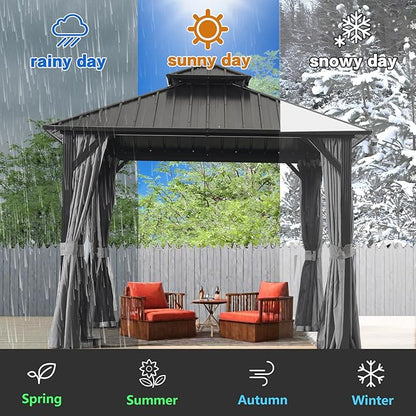 Endark 12x12FT Outdoor Hardtop Double Roof Gazebo with Galvanized Steel Roof, Heavy Duty Metal Frame Canopy with Mosquito Netting and Privacy Curtains (12 * 12FT)