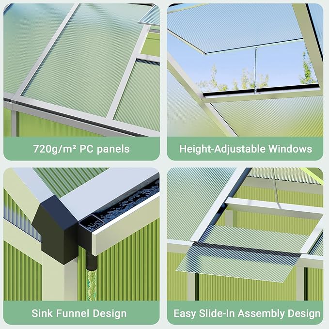 8x12 FT Greenhouse, Easy Assembly Aluminum Polycarbonate Greenhouses for Outdoors with Roof Vent, Large Aluminum Walk-in Greenhouse for Sunroom Patio, Backyard, Garden, Sliding Lockable Door, Silver