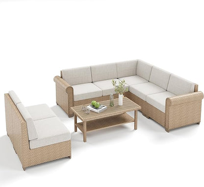 Patio Furniture Set, 8 Piece Outdoor Rattan Wicker Sectional Conversation Set with 5.5" Thick Waterproof Cushions and Coffee Table