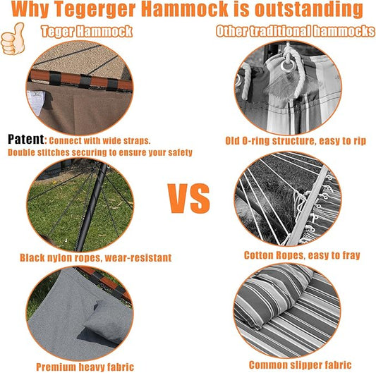 TegerDeger 12FT 2 Person Hammock with Stand Included 55 x 79IN Large Hammock 450LB Capacity with Hardwood Spreader Bar & Nylon Rope for Outside, Patio, Garden, Backyard, Beach, Poolside - Beige