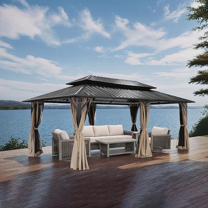 12' x 20' Hardtop Gazebo, Outdoor Patio Gazebo, Aluminum Frame Patio Hardtop Gazebos with Netting and Curtain, Outdoor Patio Pergola with Double Steel Roofs for Deck, Lawns, Parties, Sandstone