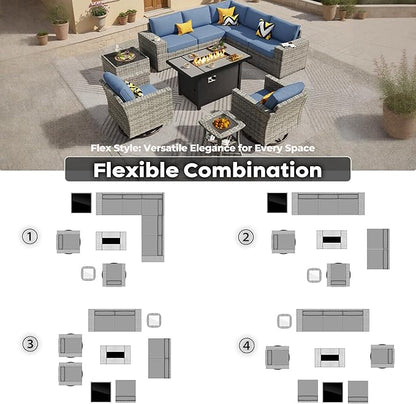 ovios 10 Pieces Patio Furniture Set, Outdoor Wicker Sectional Sofa with 42" Fire Pit Table Swivel Chairs, Modern Modular Deep Seat Rattan Couch Conversation Sets, Navy Blue