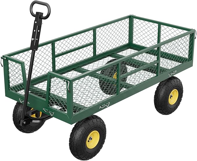 900 LBS Garden Cart on Wheels with Adjustable Handles, Heavy Duty Steel Garden Wagon with Removable Mesh Sides to Convert into Flatbed, Wagon Cart for Lawn Farm Yard, Green