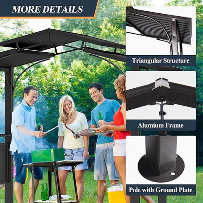 8x5Ft Hardtop Grill Gazebo,Double Tiered Roof BBQ Gazebo with 2 Side Shelves Metal Frame Grill Gazebos for Outdoor,Patio, Backyard, Garden
