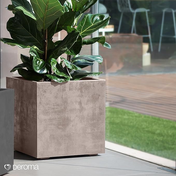Deroma Millennium 10” Cube Planter | Light & Durable Plastic | Indoor or Outdoor Square Pot for Patio/Porch | Includes Water Reserve & Drain Plug | Trendy Planter for Plants, Flowers, Garden | Sand