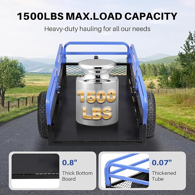 Heavy Duty Steel ATV Dump Trailer, 1500-Pound Load Capacity, Tow Behind Dump Cart Garden Trailer, with Removable Sides and 2 Tires, for Mowers, Tractors, ATV, UTV
