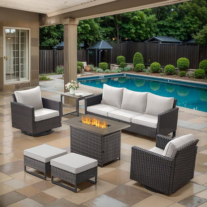 7 Piece Wicker Patio Furniture with Fire Pit Table - Outdoor Conversation Set with 50,000 BTU Fire Pit, All Weather Rattan Patio Set for Deck Backyard Garden - Brown Wicker Beige Cushion