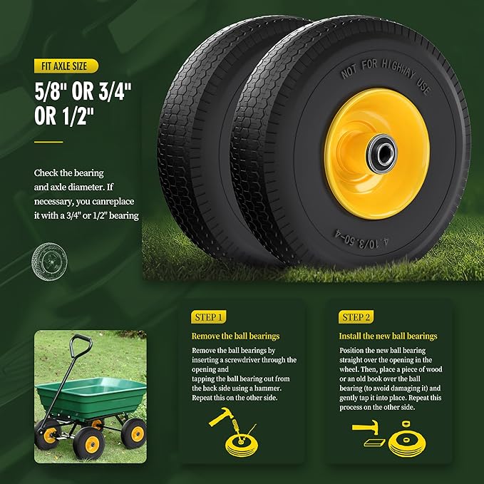(2 Pack) 4.10/3.50-4 Flat Free Tire and Wheel 10-Inch Solid Wheel Replacement with 5/8 Extra 3/4 &1/2 Bearings,2.2" Offset Hub -Compatible with Hand Truck,Wheelbarrow(Wave,Yellow)