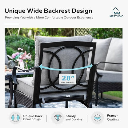 MFSTUDIO 4 Pieces Outdoor Patio Furniture Set, Metal Outdoor Conversation Set, Rattan Wicker Patio Sectional Sofa Set with 2 x Rocking Single Sofa, 3-Seat Sofa, 1 x Coffee Table, Grey