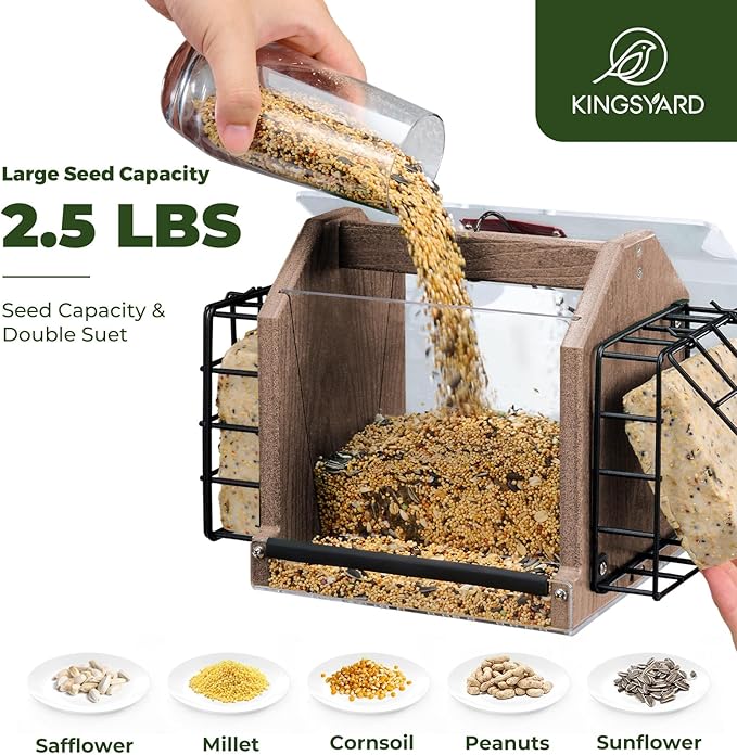 Kingsyard Hopper Bird Feeder for Outdoors Hanging, Recycled Plastic Double Suet Feeder with Clear View Windows, 3 LBS Seed, Cardinal Woodpecker Bluebird Feeder, Brown