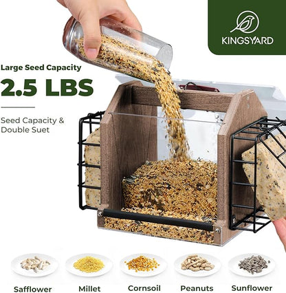 Kingsyard Hopper Bird Feeder for Outdoors Hanging, Recycled Plastic Double Suet Feeder with Clear View Windows, 3 LBS Seed, Cardinal Woodpecker Bluebird Feeder, Brown