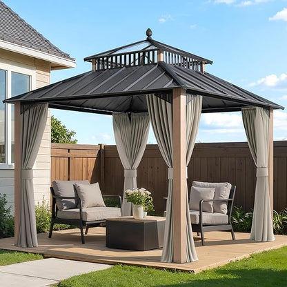 SUNJOY Kingston 10' x 10' Hardtop Gazebo with Galvanized Steel/Polycarbonate Double Roof, Curtain and Netting, Woodgrain Finish Aluminum Posts Permanent Pavilion Gazebo for Garden, Patio, Deck, Lawn