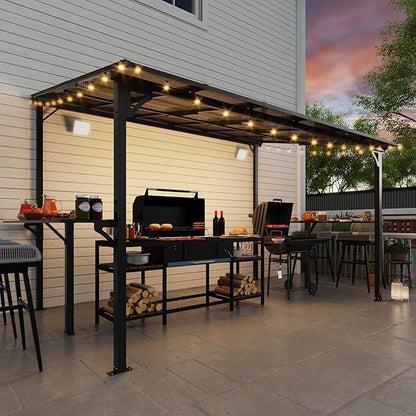 MEISSALIVVE 8' x 12' Wall Mounted Gazebo, Outdoor BBQ Grill Gazebo with Side Shelf, Lean to Metal Awnings with Sloped Roof, Heavy Duty Pergola for Backyard, Deck, Black