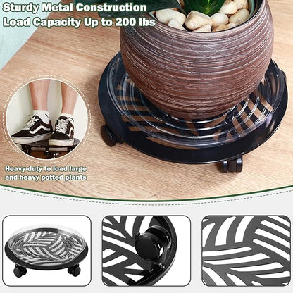 4 Packs Large Metal Plant Caddy with PU Wheels 13" Heav-duty Wroght Iron Rolling Plant Stands Indoor Outdoor Wheeled Plant Dolly Planter Mover Rollers Plant Trolley Cart, Plant Saucers Included