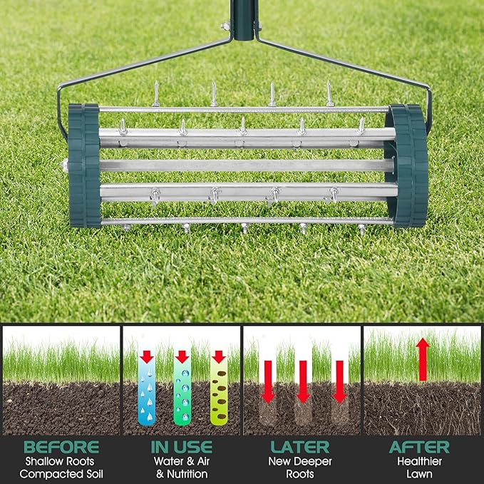 S AFSTAR 17-Inch Rolling Lawn Aerator, Spike Lawn Aerator Roller with 50-Inch Anti-Slip Handle & Tine Spikes, Garden Grass Lawn Soil Aeration Tool, Lawn Aerator Machine for Garden Patio Yard