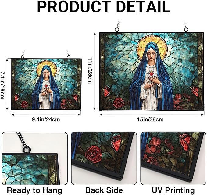 Rectangle Virgin Mary Stained Glass Window Hangings, Cat Butterfly Sunflower Handcrafted Stained Glass Suncatchers, Gift for Cat Lovers Nature Lovers 15"x11"