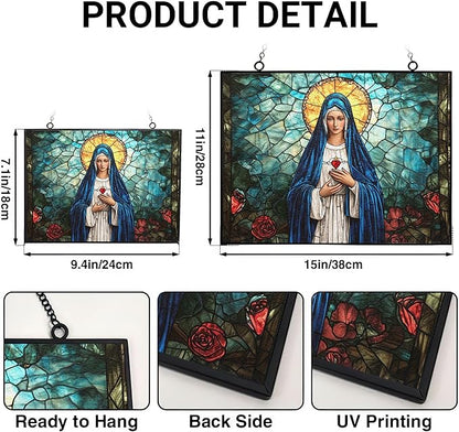 Rectangle Virgin Mary Stained Glass Window Hangings, Cat Butterfly Sunflower Handcrafted Stained Glass Suncatchers, Gift for Cat Lovers Nature Lovers 15"x11"