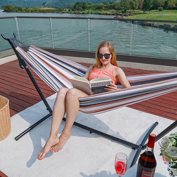 Hammock with Stand for Outside, Heavy Duty Space Saving Steel Stand with 450 lb Capacity, Double Hammock with Portable Carrying Bag, Hamacas Para Adultos for Outdoors, Patio, Garden, Yard