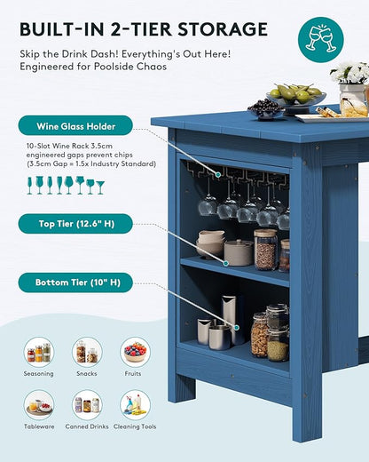SERWALL Outdoor Bar Table and Chairs Set, 3-Piece HDPE Counter Height Patio Dining Sets with Storage and Wine Rack, Rectangular High Top Bar Table with 2 Bar Stools for Garden, Backyard, Blue