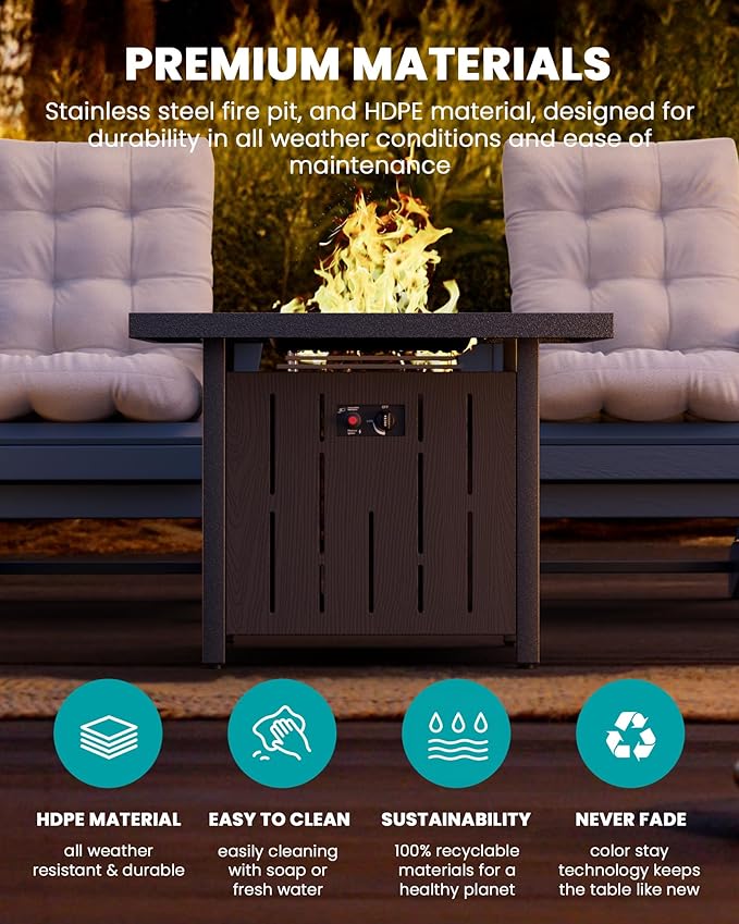 SERWALL 33" Outdoor Fire Pit Table, 50,000 BTU Square Propane Fire Pit Table with Lid, Glass Rock & Glass Wind Guard, HDPE Outdoor Furniture for Patio, Garden, Backyard, Black