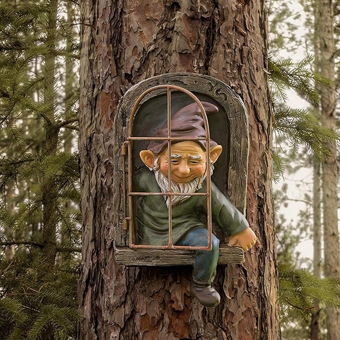 12 Inch Garden Gnome Statue Elf Outdoor Tree Sculpture, Elf Out The Door Tree Hugger, Funny Garden Yard Art Wall Fence Sculptures