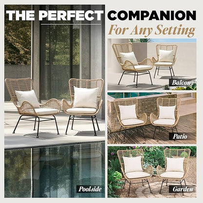 IDZO Isabelle Wicker Chairs Set of 2, 2000 Hours UV Wicker Rattan Chair, 500lbs Capacity Boho Patio Chairs with Thick Olefin Cushions and Pillows for, Indoor Use