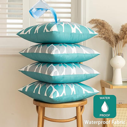 Qahing Pack of 4 Outdoor Waterproof Pillow Covers 24x24 Decorative Outdoor Throw Pillows Garden Square Cushion Cases for Patio Furniture, Couch, Tent Sunbrella, Bench, Teal Turquoise Grey