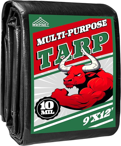 Tarp 9x12 ft Heavy Duty 100% Waterproof 10mil,UV Resistant,Durable Grommets and Reinforced Edges Green/Black Tarp for Camping, Swimming Pools,Car Coverage -by MVPNET