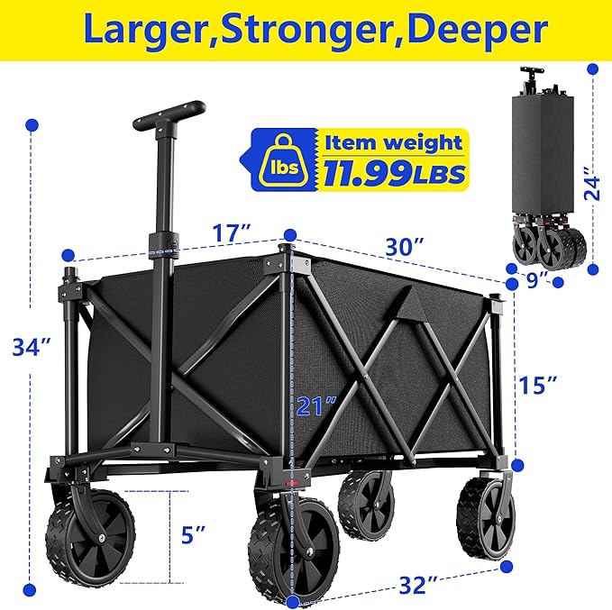 BEAU JARDIN Collapsible Folding Wagon Cart with Big Wheels Foldable Cart with 400LBS Capacity Utility Lightweight Wagon Heavy Duty Grocery Cart for Camping Garden Outdoor Fishing Sports Shopping Black