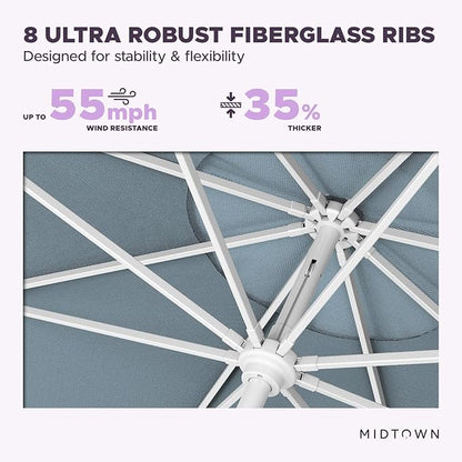 Midtown Umbrellas The Swilt 8 Feet Patio Umbrella in Sunbrella Canvas Haze Acrylic Fabric - Fiberglass Ribs, Auto-Tilt Aluminum Frame For Backyard, Deck, Garden, Pool - White Pole