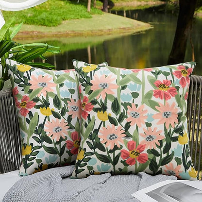 Pyonic Outdoor Pillows Cover Pack of 2 Floral Waterproof Throw Pillow Covers 20X20 inch Outdoor Pillows for Patio Furniture Garden Square Outside Waterproof Pillow