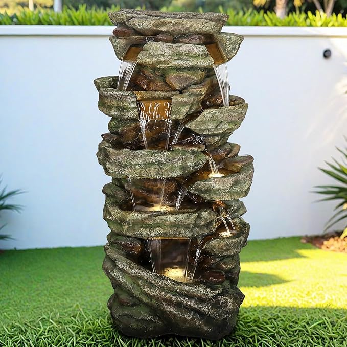 Naturefalls 59inches Outdoor Rock Water Fountain with LED Lights - Multi-Tiers Poly-Resin Cascading Waterfall Fountain for Garden, Patio, Yard, Home Decor